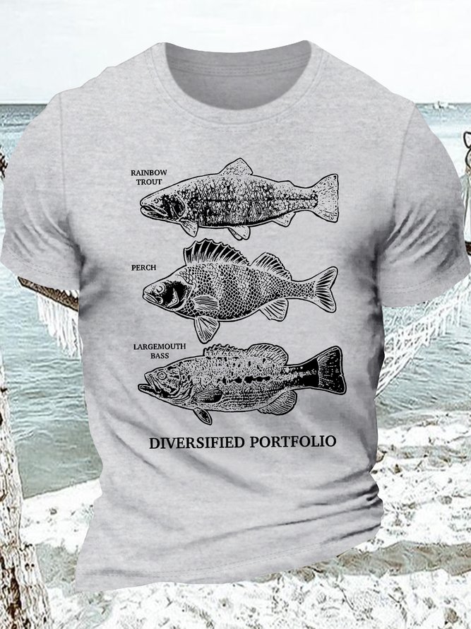Men's Rainbow Trout Perch  Diversified Portfolio Funny Graphic Printing Casual Cotton Loose Text Letters T-Shirt