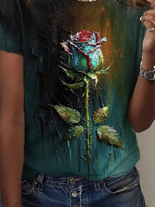 Casual Crew Neck Floral Loose T-Shirt