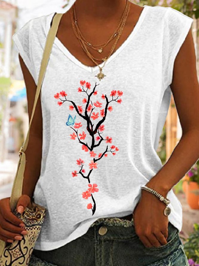 Women's Beautiful Blossom Print Casual V Neck Cotton-Blend Tank Top
