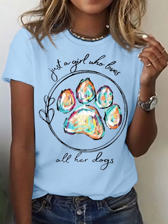 Women's Cotton Dog Paw Dog Lover Print Crew Neck Casual T-Shirt