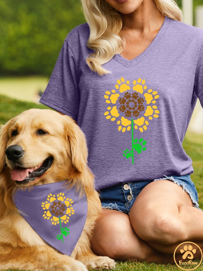 Women's Paws Print Sunflower Matching V Neck T-Shirt