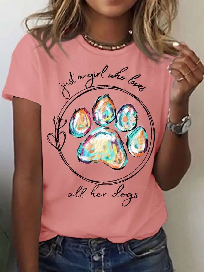 Women's Cotton Dog Paw Dog Lover Print Crew Neck Casual T-Shirt