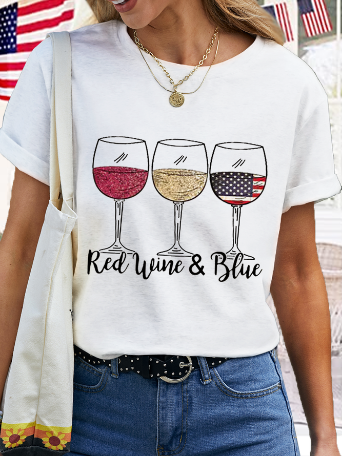 Women's Red Wine And Blue American Flag Cotton Simple T-Shirt
