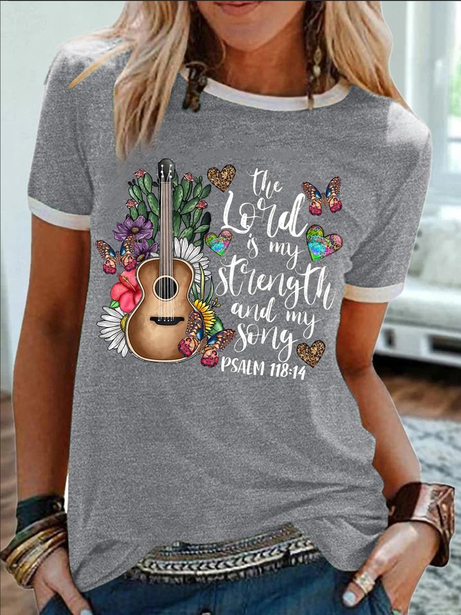 Women's The Lord Is My Strength And My Song Psalm 118:14 Funny Loves Country Music Graphic Printing Crew Neck Regular Fit Casual Cotton-Blend T-Shirt