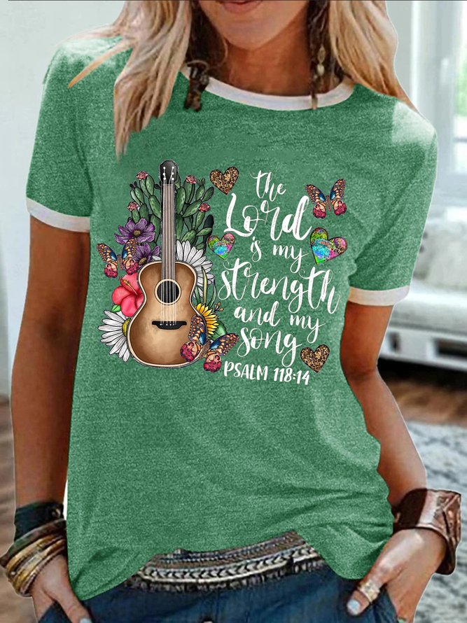 Women's The Lord Is My Strength And My Song Psalm 118:14 Funny Loves Country Music Graphic Printing Crew Neck Regular Fit Casual Cotton-Blend T-Shirt