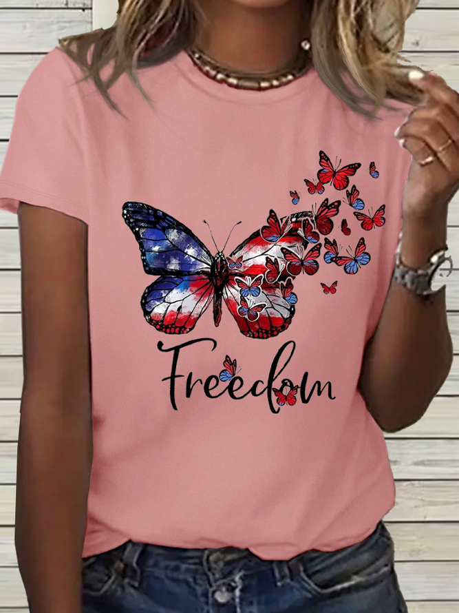 Women's Butterfly Inspirational Freedom 4th Of July Cotton T-Shirt
