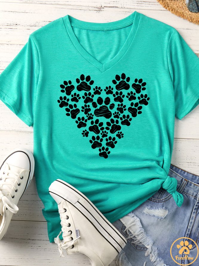Women's Dog Paws Hearts Matching V Neck T-Shirt