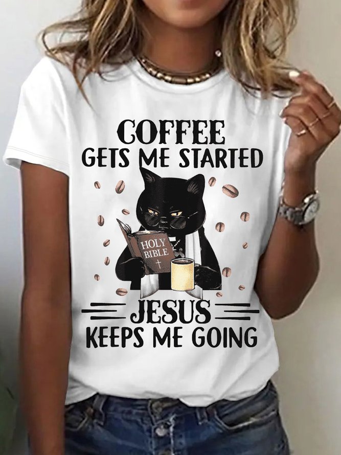 Women's Coffee Gets Me Started Jesus Keeps Me Going Black Cat Crew Neck Casual T-Shirt