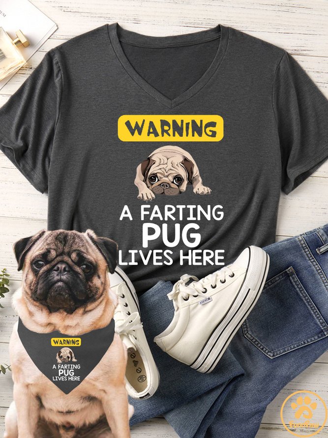 Women's Warning A Farting Pug Lives Here Matching V Neck T-Shirt