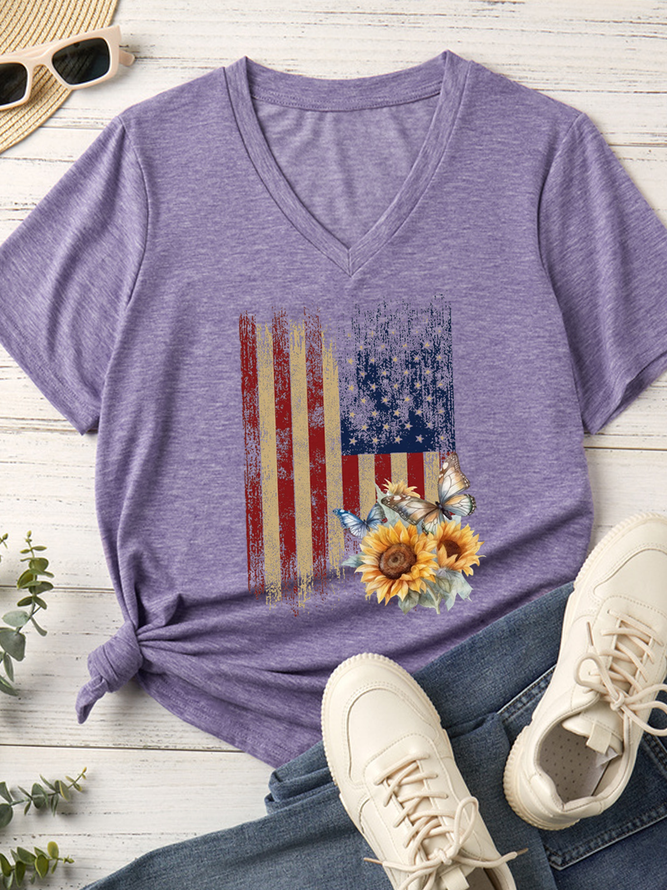 Women's Retro America Flag 4th Of July Casual V Neck Cotton-Blend T-Shirt