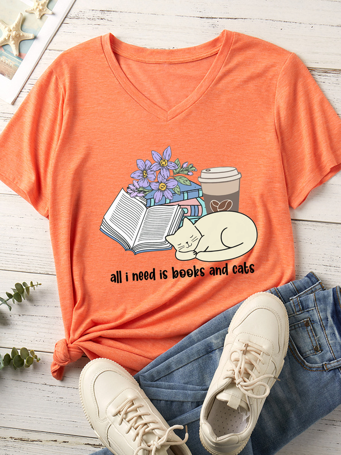 Women's Funny Word All I need is Books and Cat Casual T-Shirt