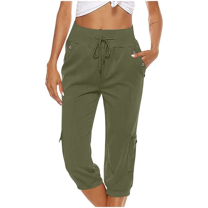 Capri Pants for Women Fashion Casual Solid Color Elastic Loose Straight Trousers Pants with Pocket