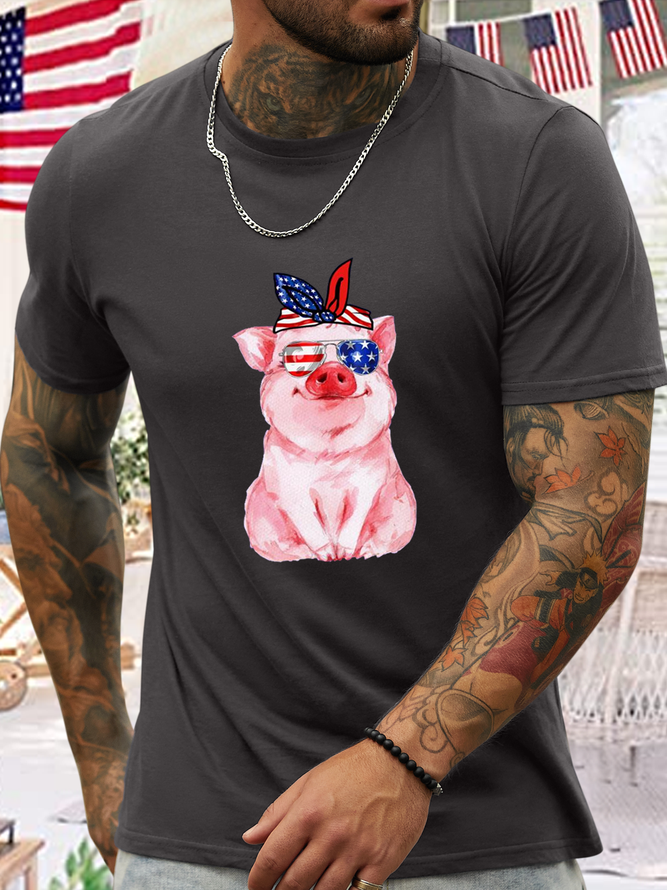Men's Vintage Patriot Pig 4th of July America Flag Cotton T-Shirt