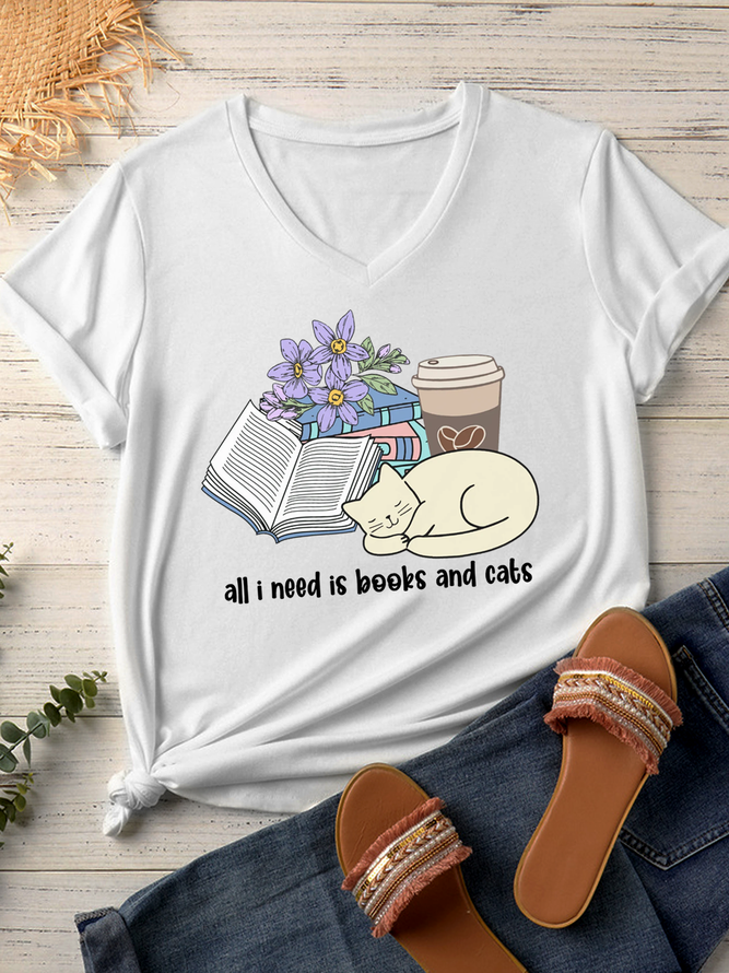 Women's Funny Word All I need is Books and Cat Casual T-Shirt