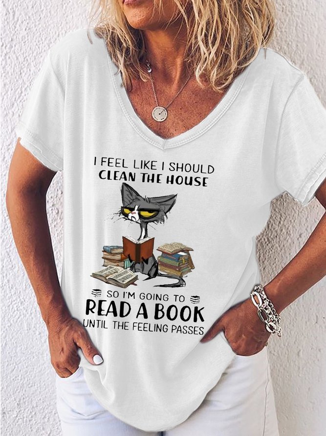 Women's Reading Lover Cat Print Crew Neck Casual T-Shirt