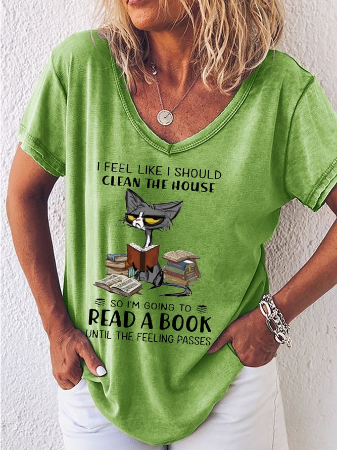 Women's Reading Lover Cat Print Crew Neck Casual T-Shirt