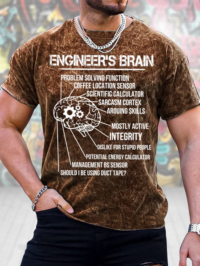 Men's Engineer's Brain Problem-Solving Function Coffee Location Sensor Funny Graphic Printing Casual Crew Neck Loose Text Letters T-Shirt