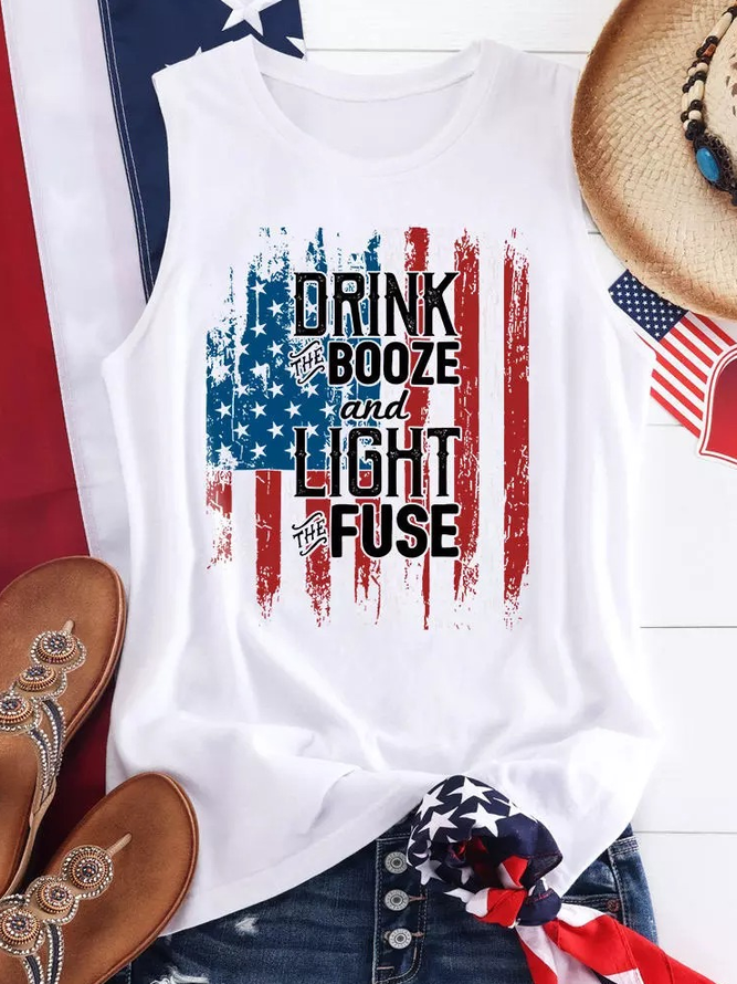 Women’s Drink The Booze And Light The Fuse American Flag Text Letters Tank Top