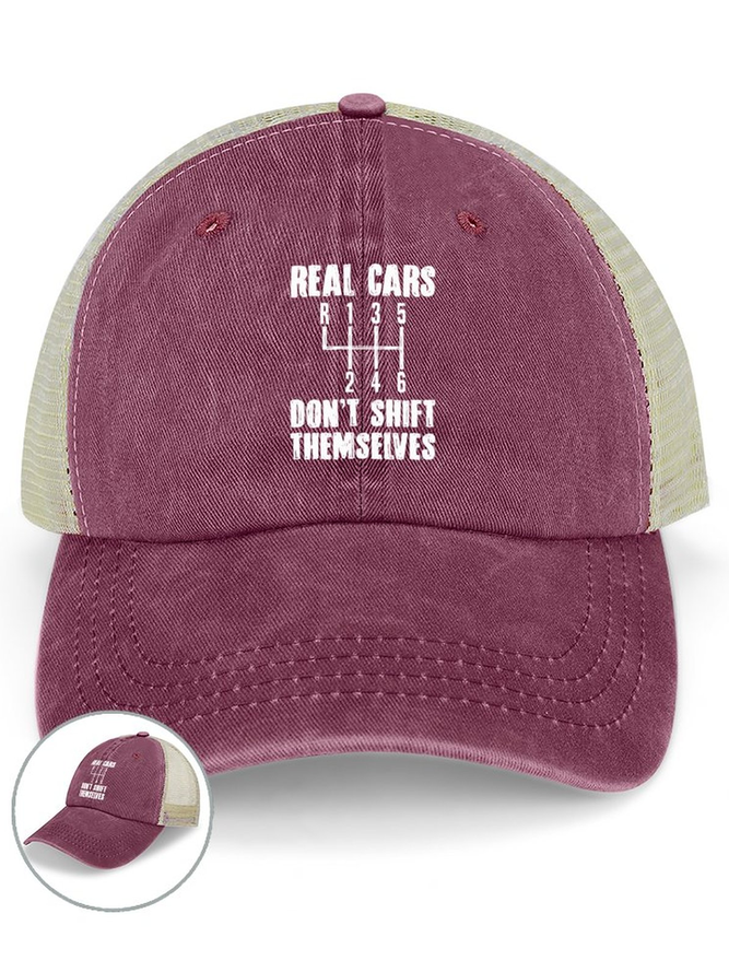 Men's Real Cars Don'T Shift Themselves Funny Graphic Printing Washed Mesh-back Baseball Cap