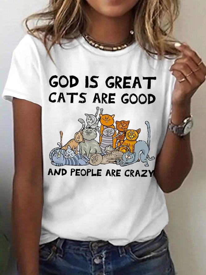 Women's God Is Great Cats Are Good People Are Crazy Gift Cat Lover T-Shirt