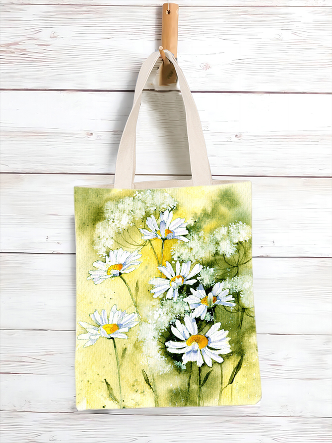 Women's Casual Daisy Floral Print 16 OZ Canvas Fabric Floral Shopping Tote