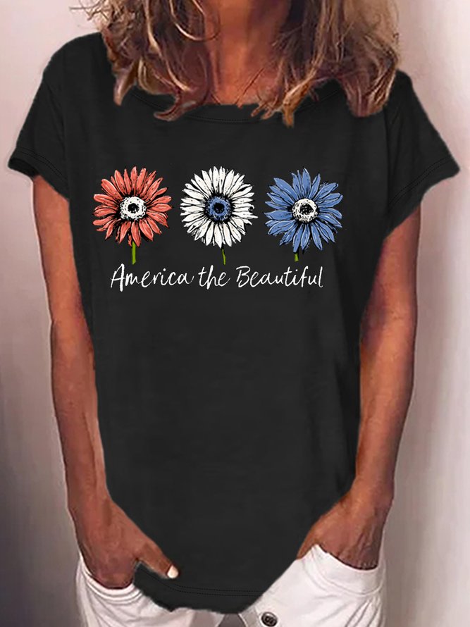 Women's America the Beautiful Sunflowers Crew Neck Casual T-Shirt