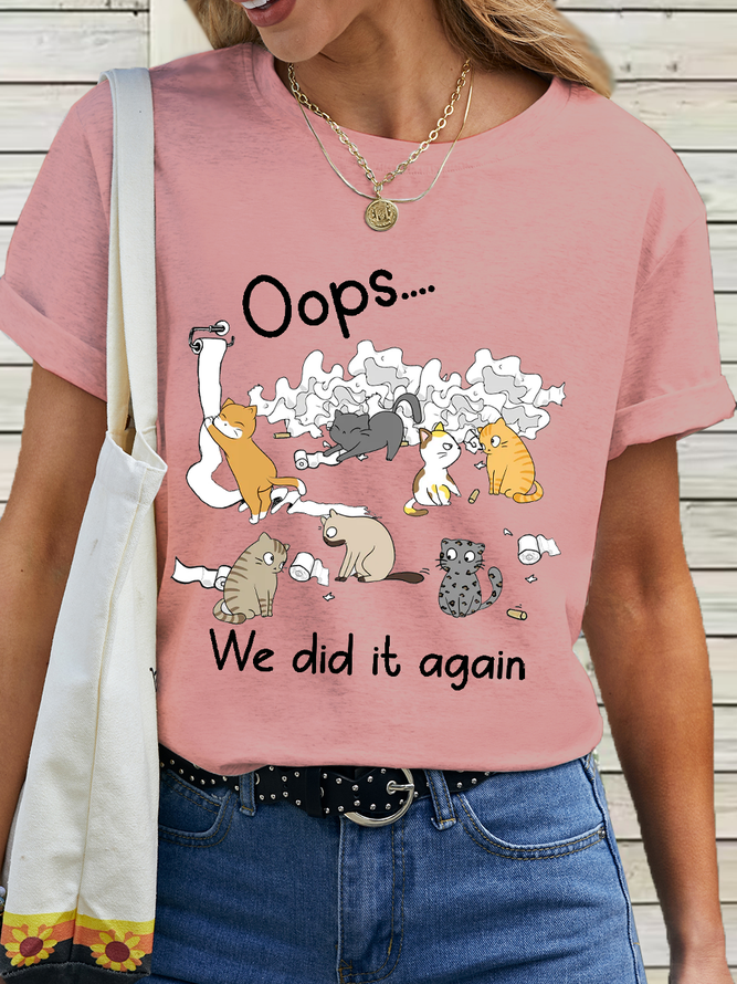 Women's Funny Cat Lovers Oops We Did It Again Cat Cotton Simple Loose T-Shirt