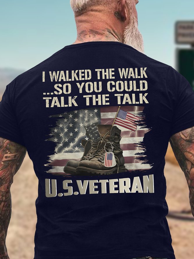 Men's I Walked The Walk So You Could Talk The Talk U.S.Veteran Funny Graphic Printing Cotton Casual America Flag Crew Neck T-Shirt