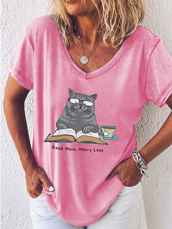 Women's Read More Worry Less Cute Cat Print Casual V Neck T-Shirt