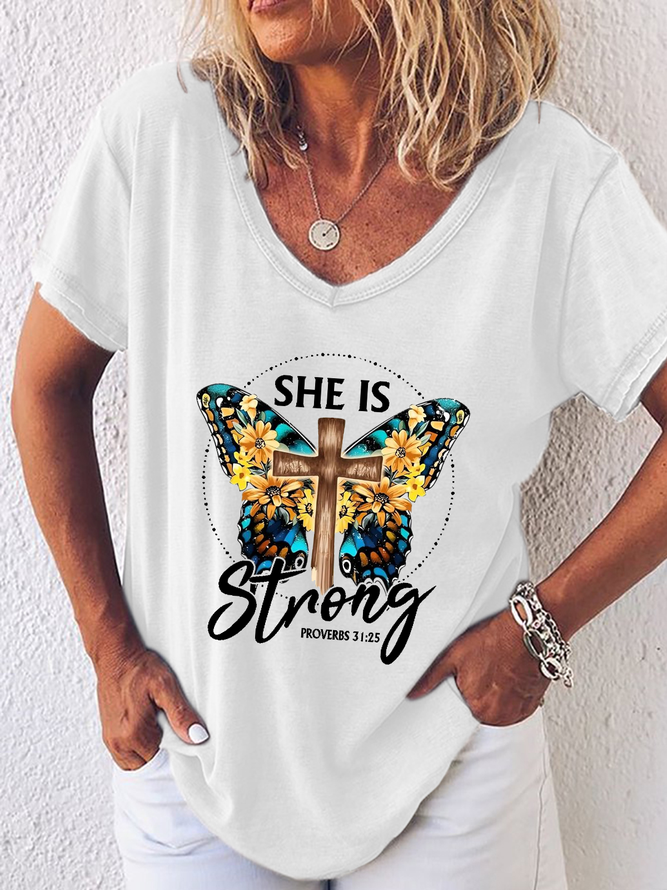 Women's Faith Bible She Is Strong  Butterfly Simple V Neck T-Shirt