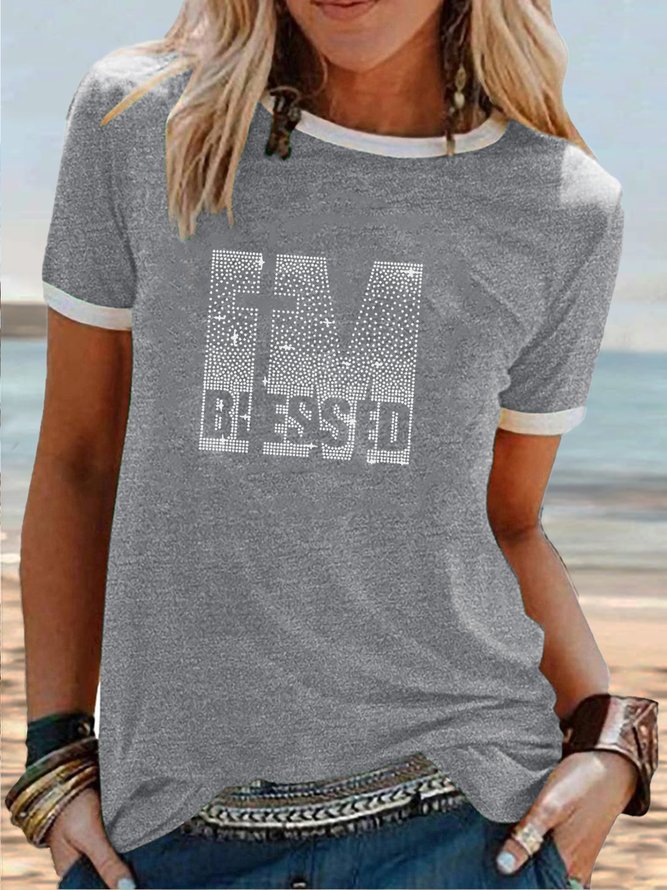 Women's Funny Short Sleeve I’m Blessed Cross Print Casual Crew Neck T-Shirt