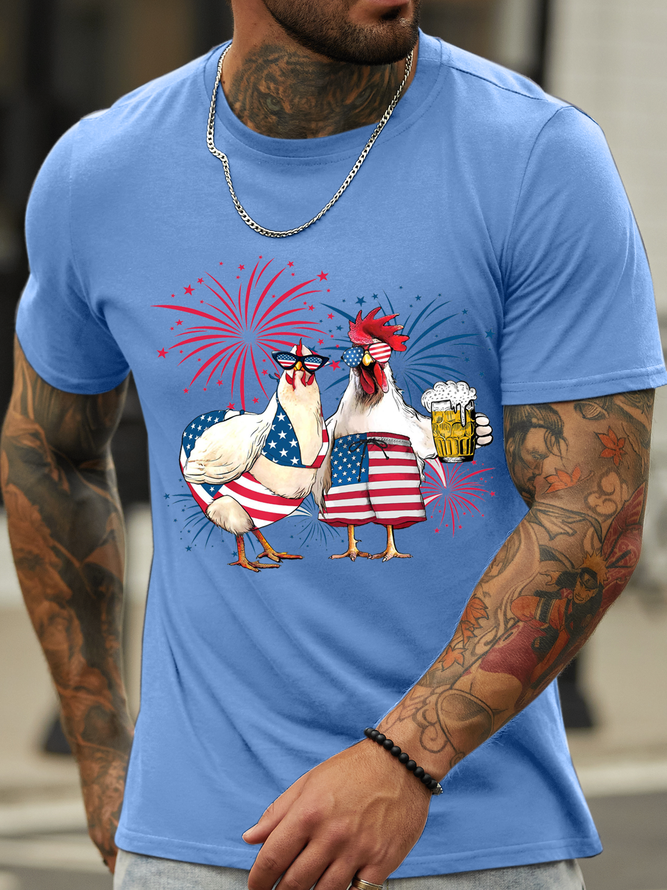 Men's Funny Chicken Celebrate Us Independence Day 4Th July Graphic Casual Cotton T-Shirt