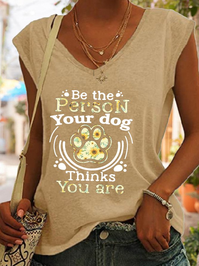 Women's be the person your dog thinks you are sunflower dog footprint V Neck Casual Tank Top