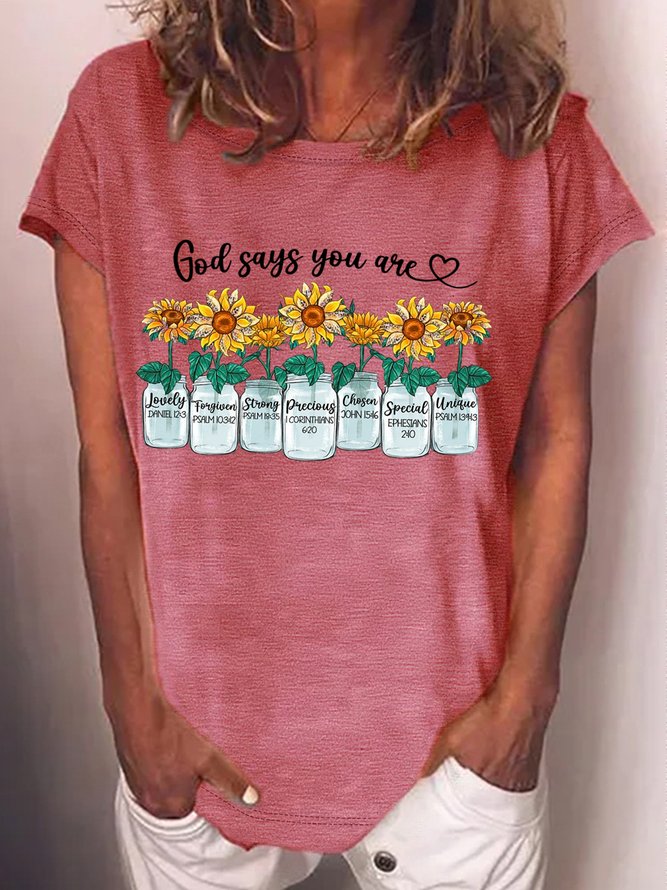 Women's God Says You Are Sunflowers Casual Crew Neck  T-Shirt