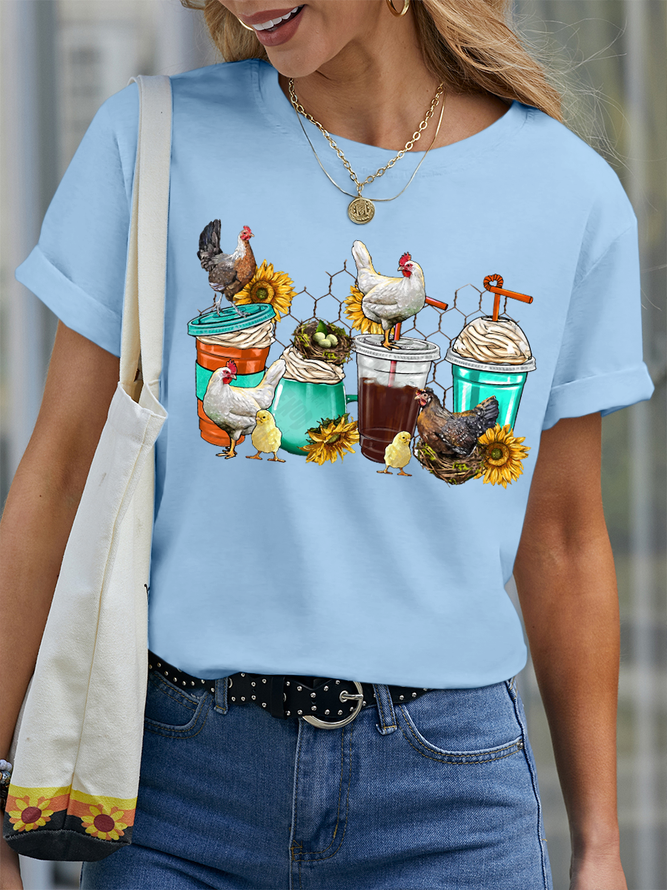 Women’s Animal Chicken Ice Coffee Cups Casual Crew Neck T-Shirt