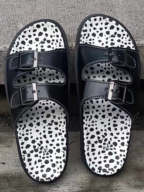 Women's Polka Dots Flat Slide Sandals with Arch Support 2 Strap Adjustable Buckle Slip on Slides Shoes Non Slip Rubber Sole