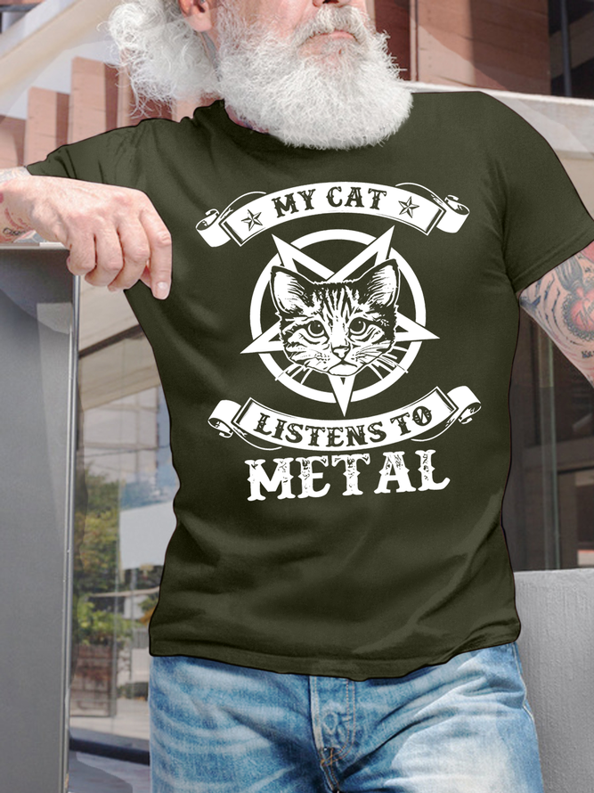 Men’s My Cat Listen To Metal Funny Cotton Casual Crew Neck T-Shirt