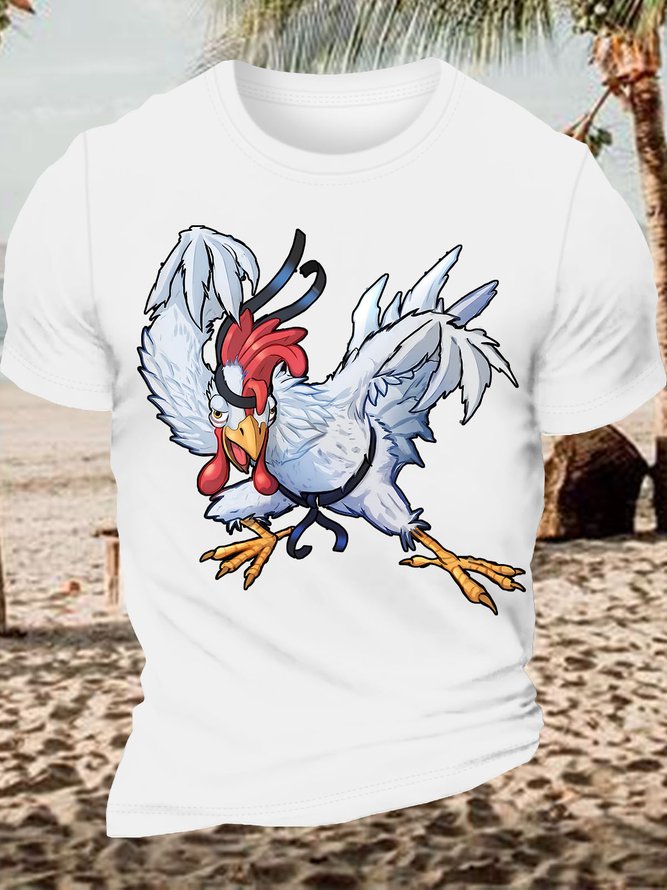 Men's Kung Fu Chicken Funny Graphic Printing Crew Neck Cotton Casual T-Shirt
