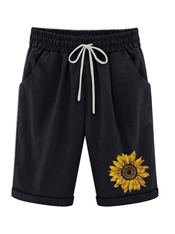 Women‘s Sunflower Knee Length Bermuda Shorts Plus Size Casual Summer Loose Fit Long Shorts Elastic Waist Shorts with Pockets