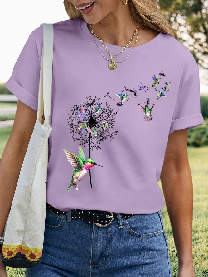 Women's Bird Hummingbird Dandelion Flowers Casual T-Shirt