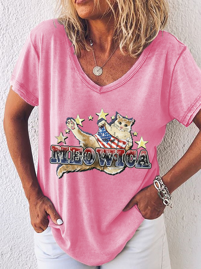 Women's Cute Meowica Cat 4th Of July T-Shirt