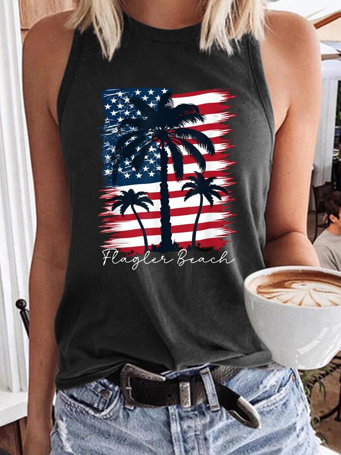 Women's Flagler Beach Patriotic American Flag Palm Trees Casual Tank Top