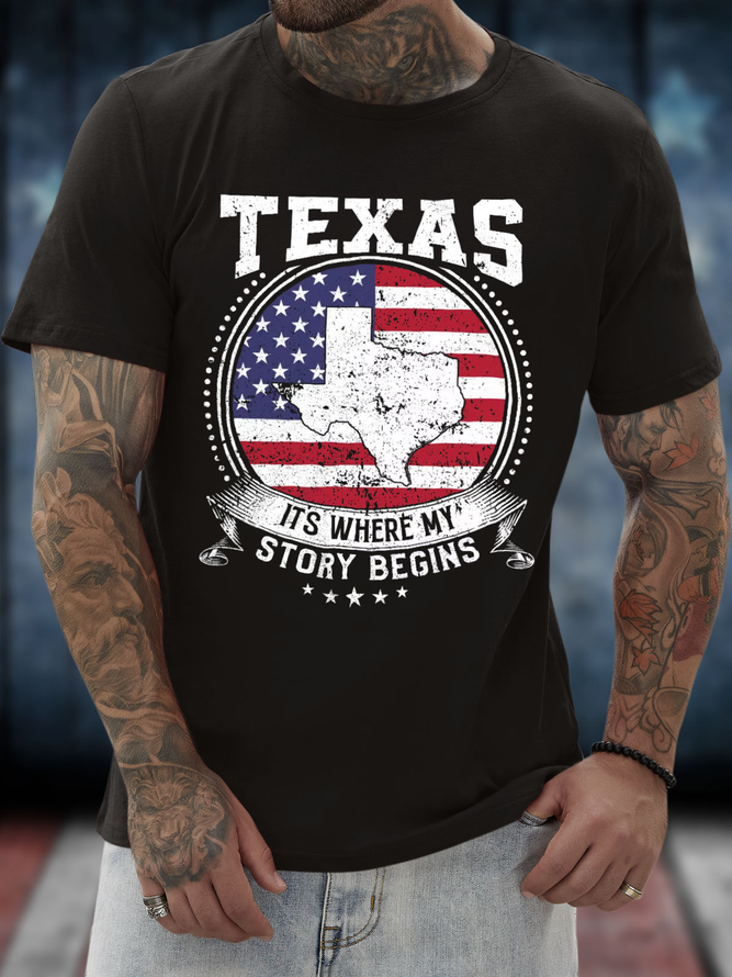 Men's Texas It'S Where My Story Being Graphic Printing Casual Loose Text Letters Cotton T-Shirt