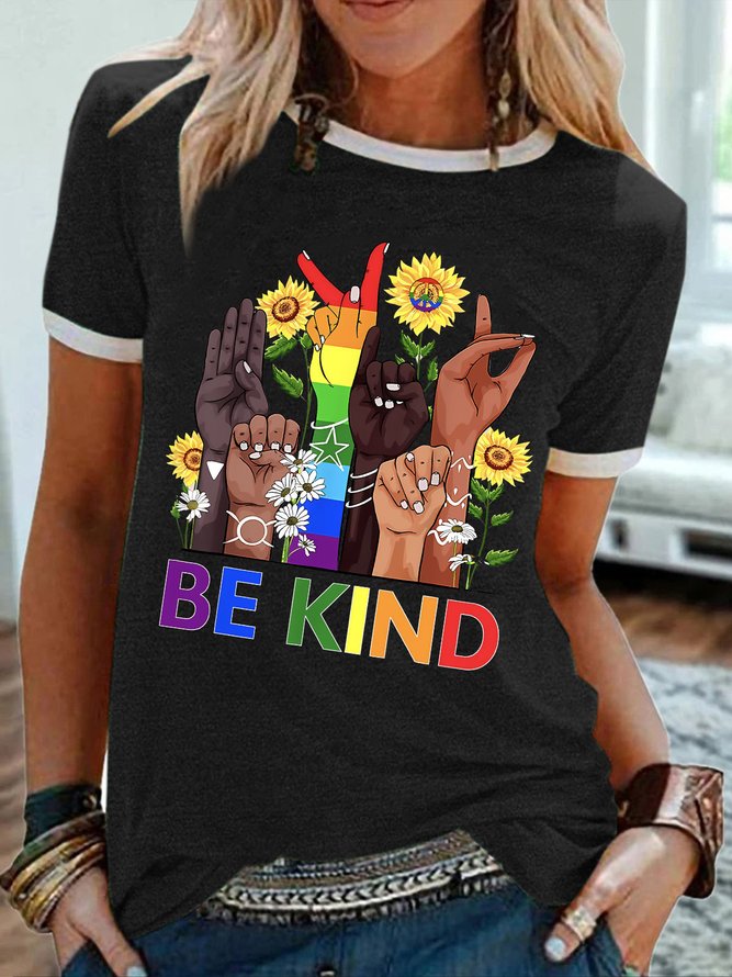 Women's Funny LGBTQ Pride Month Be Kind Graphic Printing Casual Crew Neck Cotton-Blend Text Letters T-Shirt