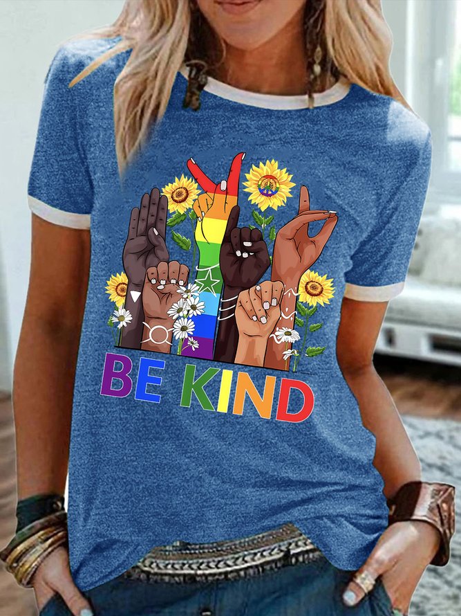 Women's Funny LGBTQ Pride Month Be Kind Graphic Printing Casual Crew Neck Cotton-Blend Text Letters T-Shirt