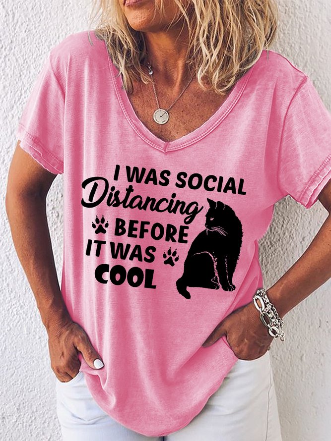 Women's Funny I Was Social Distancing Before It Was Cool Graphic Printing Text Letters Loose V Neck Casual T-Shirt