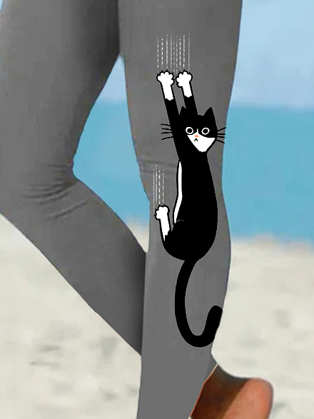 Women's funny Black and White Cat Hanging On Casual Leggings