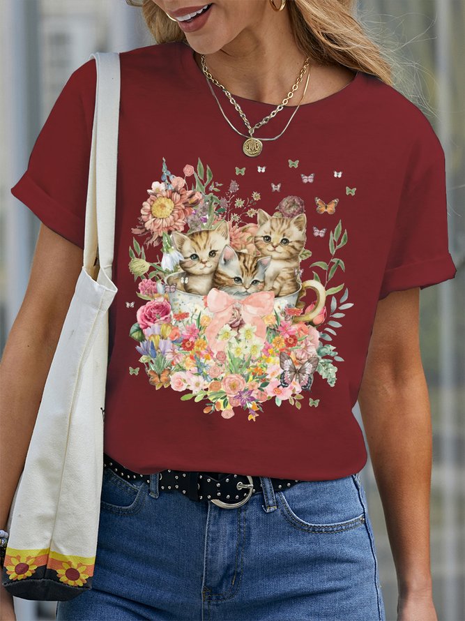 Women's Funny Cat Lover Flower Graphic Printing Crew Neck Casual Cat Loose T-Shirt