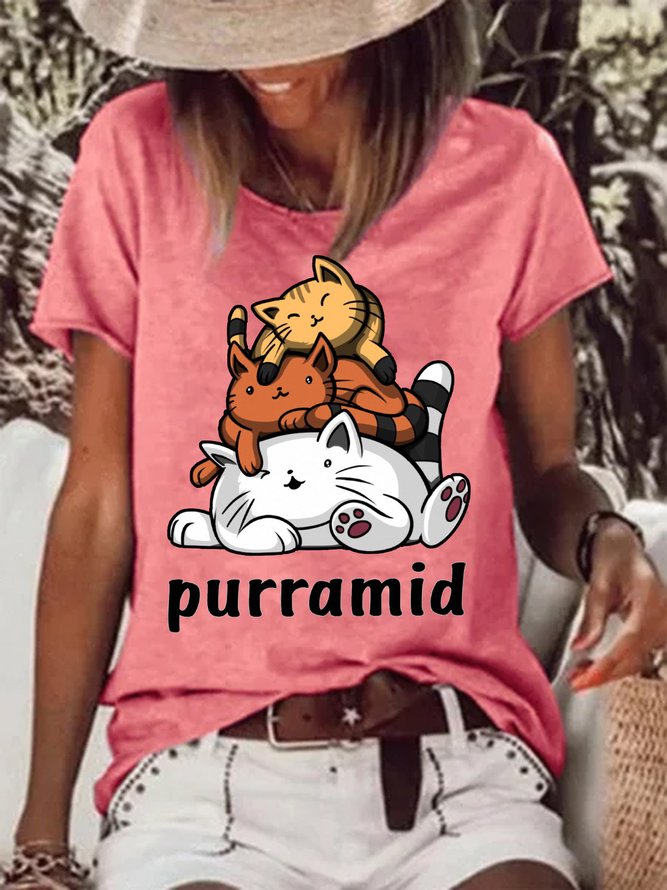Women's Funny Purramid Cute Cat Graphic Printing Casual Crew Neck Cotton-Blend T-Shirt