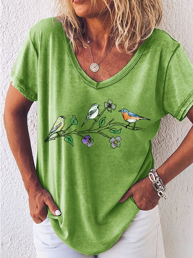 Women's Three Birds Print Casual V Neck T-Shirt